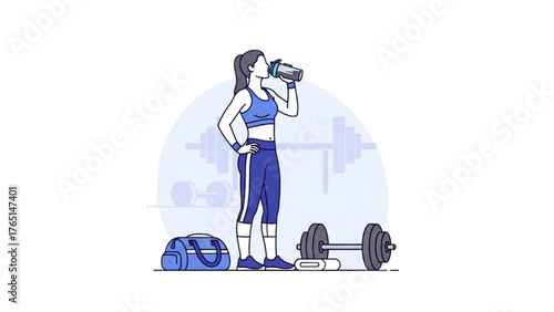 Woman in gym drinking from water bottle with weights and gym bag