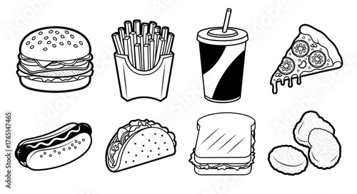 Vector art of black and white line art of various fast food items