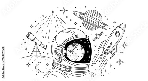 Illustration of an astronaut helmet with space elements