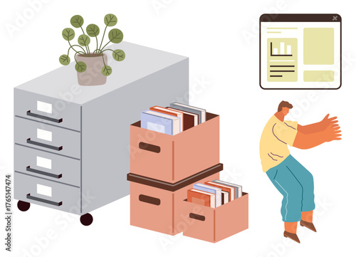Office drawer with plant, file boxes, digital interface, and a worker arranging items. Ideal for organization, office management, digital workflow, productivity, minimalism multitasking simple flat