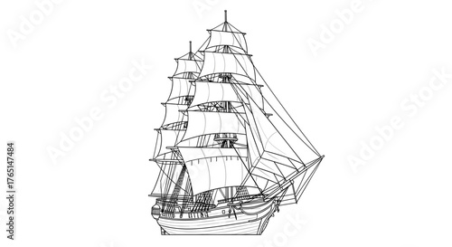 Vector art of detailed line drawing of a tall ship, sailing vessel