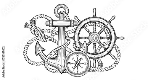 Vector art of nautical elements illustration with anchor, compass, and ship wheel