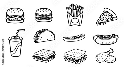 Vector art of line drawing of fast food, showcasing its design