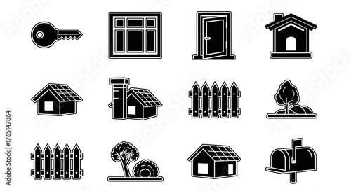 Illustration of a house and yard in black and white