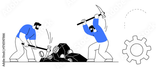 Two workers using a pickaxe and sledgehammer breaking rocks nearby mechanical gear. Ideal for teamwork, labor, construction, diligence, cooperation, productivity, and manual effort. Simple flat