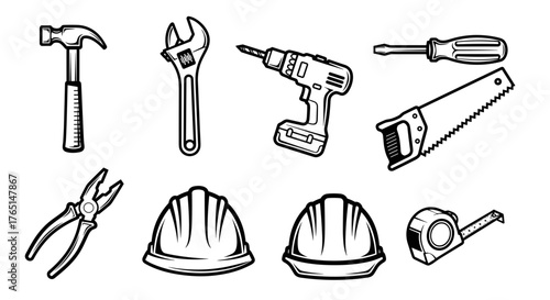 Illustration of various construction tools in black and white