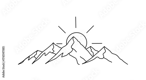 Vector art of mountain range with sun rising in line art style