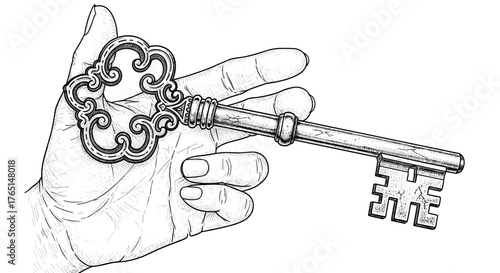 Vector art of hand holding antique key illustration for design