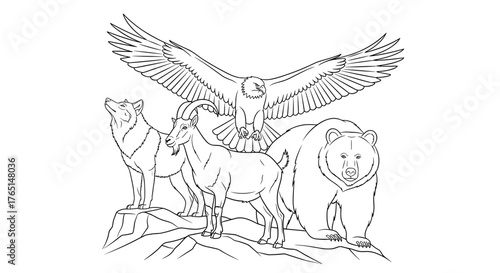 Illustration of a wolf, goat, eagle, and bear