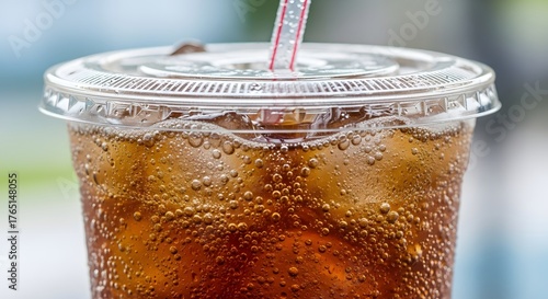 A plastic cup filled with cola soda, ice, and a straw, placed on a white surface with a blurred background.