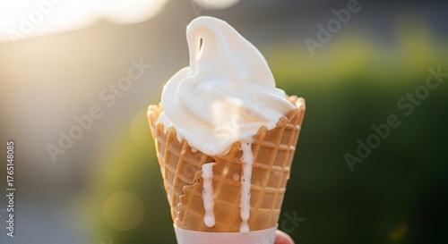 A hand holding a waffle cone with a swirl of white ice cream against a blurred green background.