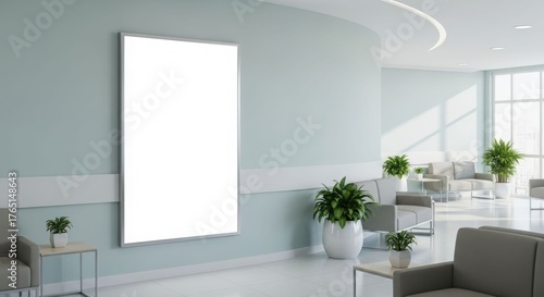Modern waiting room interior with a blank poster frame on the wall, seating area, plants, and natural light from a large window.
