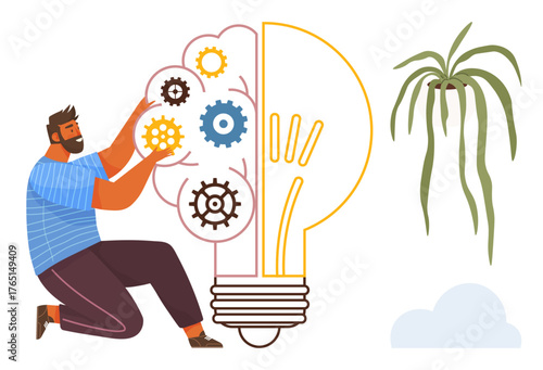 Man crouched assembling colorful gears in lightbulb symbolizing innovation and problem-solving. Ideal for creativity, invention, teamwork, strategy, energy, inspiration, eco-consciousness. Simple