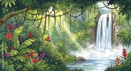 Fototapeta Naklejka Na Ścianę i Meble -  Lush jungle scene with a waterfall cascading into a serene pool surrounded by vibrant plants and trees