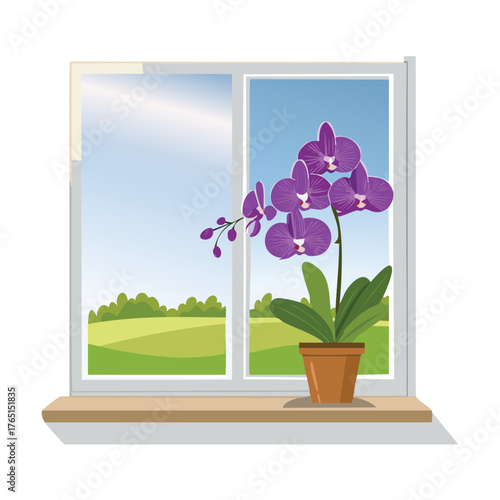 Sunny Day View of Potted Orchid on a Window Sill Vector Illustration with Outdoor Meadow Landscape and Blue Sky
