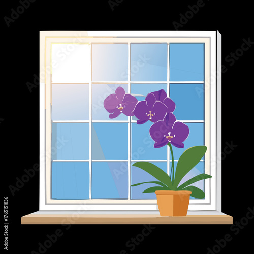 Vibrant Purple Orchid Plant in Flowerpot on Window Sill Vector Illustration of Urban Home Interior with Natural Light