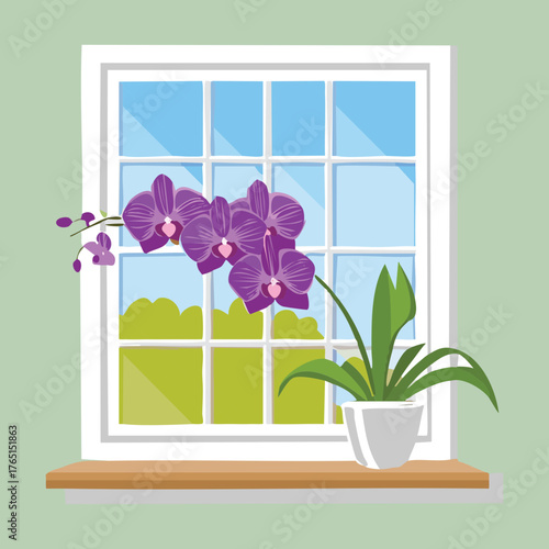 Rich Purple Orchid Plant in Flowerpot on a Window Sill Vector Illustration with Clear Blue Sky View and Home Interior