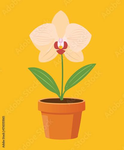 Bright Orange Phalaenopsis Orchid Flower in Terra Cotta Pot Vector Graphic on a Vibrant Yellow Background for Advertisements