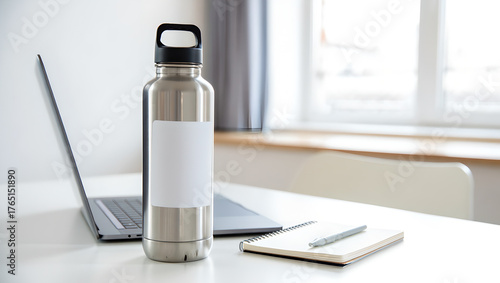 Stainless Steel Water Bottle Mockup on Office Desk with Laptop and Notebook