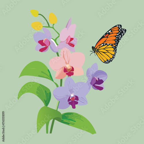 Colorful Group of Various Orchid Flowers and a Butterfly Vector Illustration Capturing Tropical Beauty and Wildlife