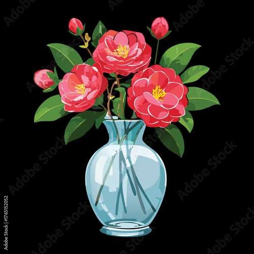 Red Camellia Flowers and Green Leaves in Translucent Blue Glass Vase on Dark Black Background Vector