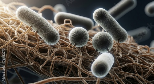 Microscopic view of bacteria and fungi on a surface showing the complex structures and interactions of microorganisms in a biological system