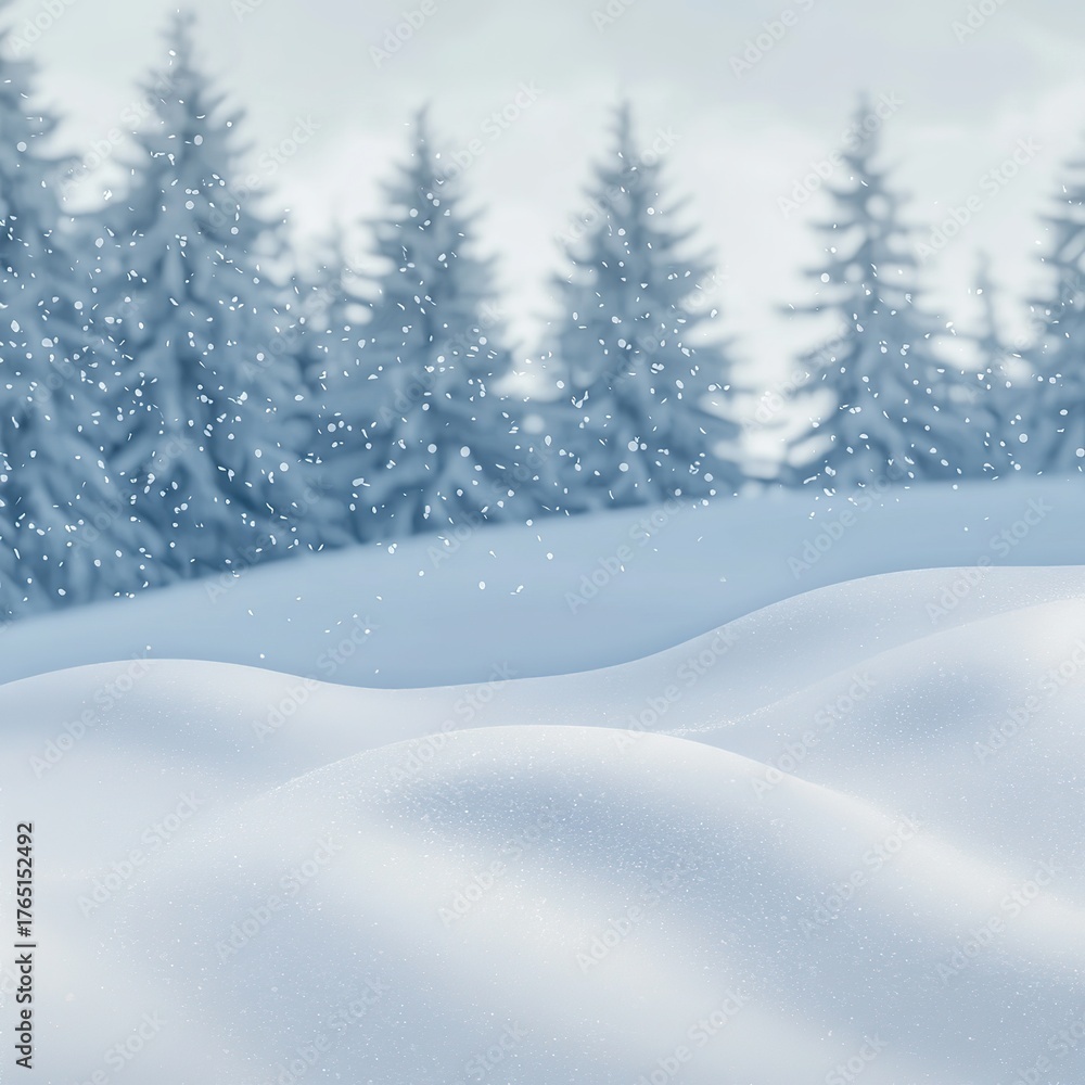 Fototapeta premium Winter Snowy Landscape with Snow-covered Pine Trees and Falling Snowflakes