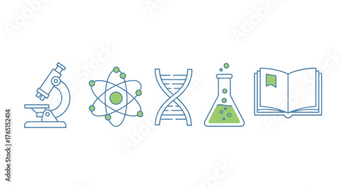 Illustration of science icons including a microscope, atom, DNA strand, beaker with liquid, and an open book, representing scientific study and research.