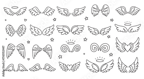 A set of various hand-drawn angel wings and halos, perfect for adding a touch of whimsy and spirituality to your designs.