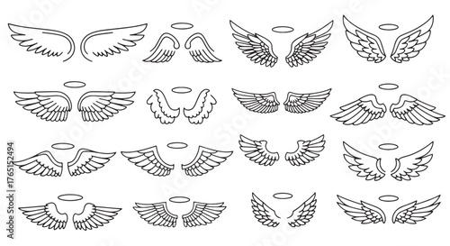 A set of detailed line art illustrations showcasing different styles of angel wings, each paired with a halo, perfect for spiritual or design projects.