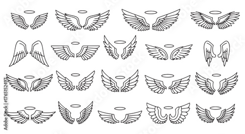 A set of various angel wings designs, each paired with a halo, presented in a clean and minimalist line art style.