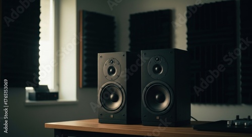 Dark speakers on wooden table, acoustic foam walls, light from window