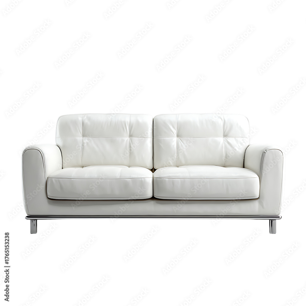 Fototapeta premium Elegant white leather tufted sofa with modern chrome legs against a neutral gradient background. 3