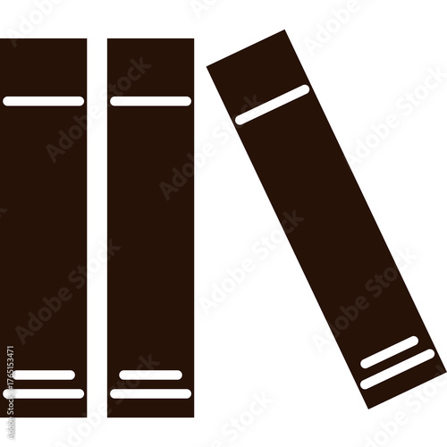 Two brown books standing upright and one tilted book with white horizontal lines on spine on a transparent background