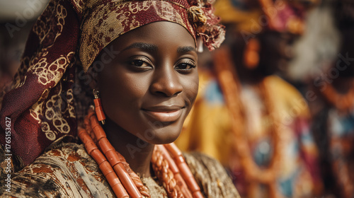 Portrait of a beautiful Nigerian woman in traditional Yoruba attire with coral beads, celebrating rich heritage at the Iganmode Cultural Festival, Africa