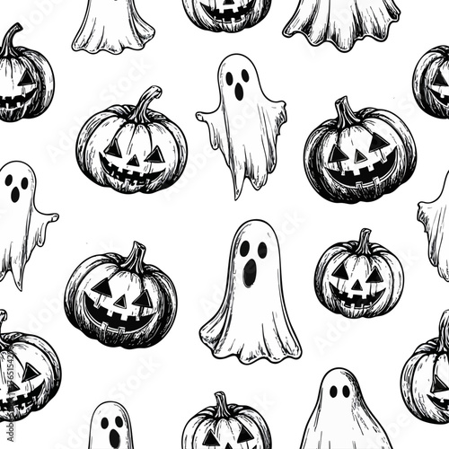 Seamless Halloween pattern with black cat, bat, and owl silhouettes featuring glowing yellow eyes. Ideal for spooky design, party decor, packaging, textiles, and seasonal creative projects.