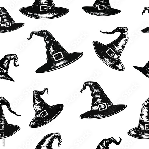 Seamless pattern of hand-drawn witch hats in vintage black and white style. Ideal for Halloween designs, spooky packaging, textile prints, party decor, or magical-themed illustrations.