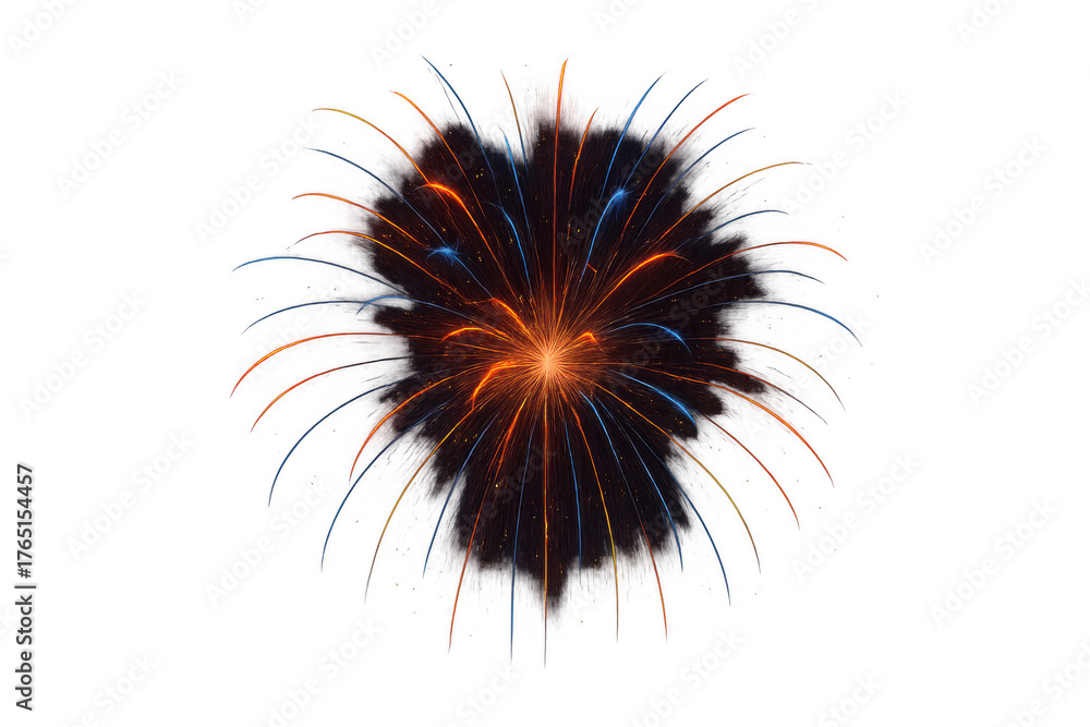 Naklejka premium Firework exploding, creating brilliant sparks and colorful light trails with smoke. This isolated element is perfect for overlays