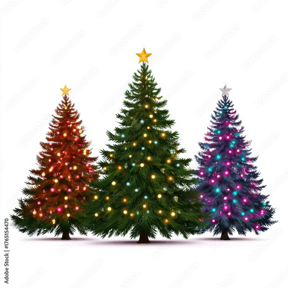 Fototapeta premium Christmas tree evergreen tree holiday decoration tree with lights star topper fir tree decorated tree festive scene colorful lights pine tree