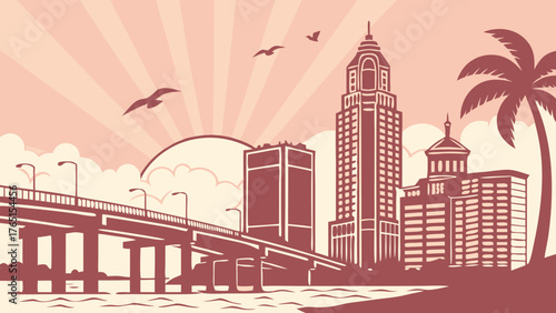 Tampa skyline vector illustration showcasing jacksonville, florida palm trees, bridge skyline. Perfect for travel brochures, city guides, and floridathemed designs.