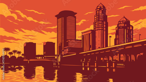 Tampa skyline featuring jacksonville cityscape and iconic bridge design, suitable for travel brochures and promotional materials.