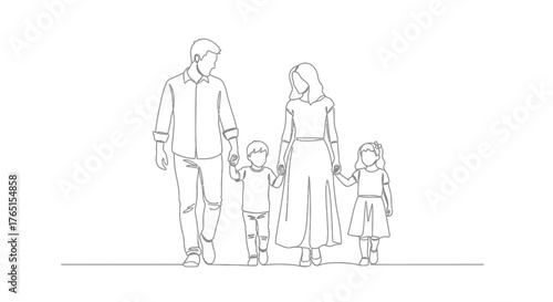 Continuous Line Art Family Walking | Minimalist Unity Illustration