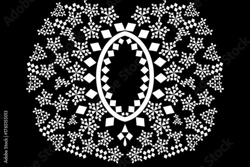 White ethnic lace pattern on black background