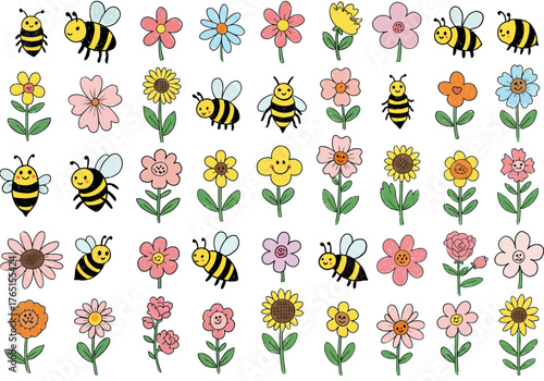 Cheerful Bee and Flower Collection Illustration