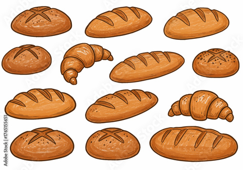 Variety of Fresh Baked Bread Cartoon Vector Set
