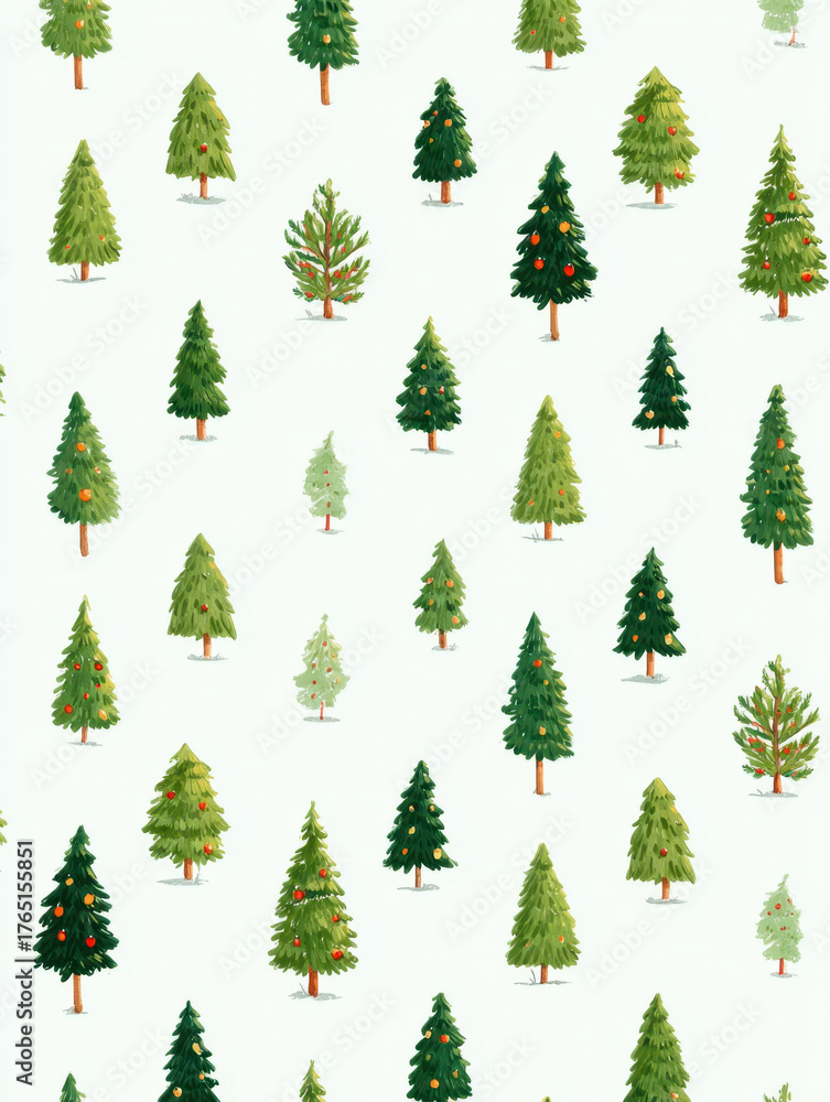 Fototapeta premium Seamless repeating pattern featuring illustrated evergreen tree with ornamented branches, varied conifer silhouettes, festive mood and soft watercolor texture