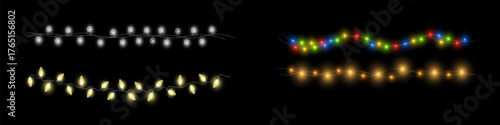 Christmas lights. Bright Xmas garland. Vector glow light bulbs on wire strings