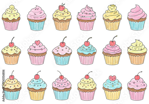 Delicious Array of Cupcakes with Colorful Frosting and Toppings, Perfect for Celebrations