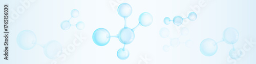 Molecules inside bubbles on blue background. Collagen serum bubble. Cosmetic essence. Concept skin care cosmetics solution.