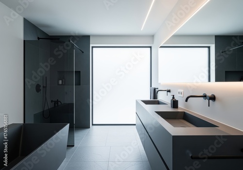 Wallpaper Mural Sleek contemporary bathroom design with double vanity, dark fixtures, and bright window Torontodigital.ca